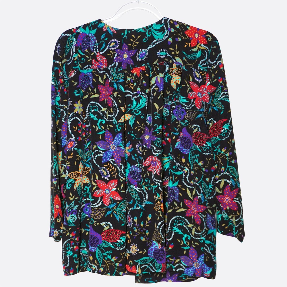 Vintage 100% Rayon Floral Jewel Tone 1X 2X Black Open Front Cardigan Made in USA - Picture 3 of 9